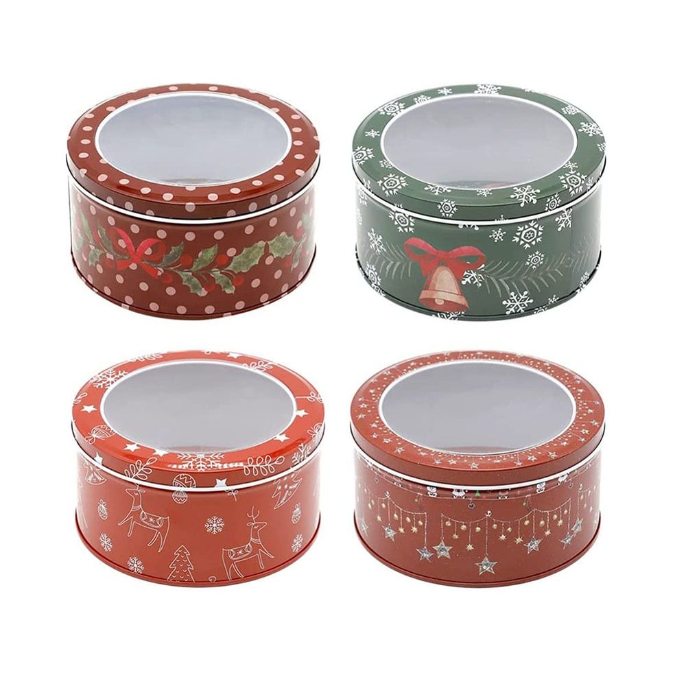 Hot sale Factory Custom Food Metal Round Christmas Tin Can tin box With Window lid For Cookies Biscuit Candy Packaging