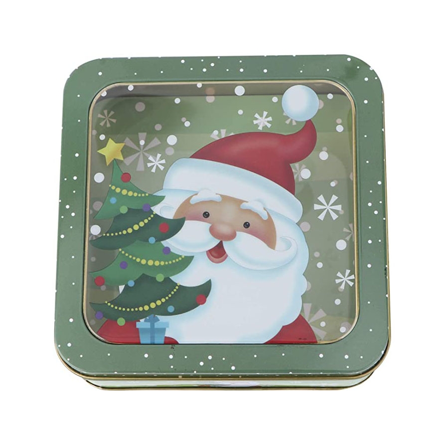 Wholesale free sample square tin can for candies Christmas cookie tin with pvc window lid
