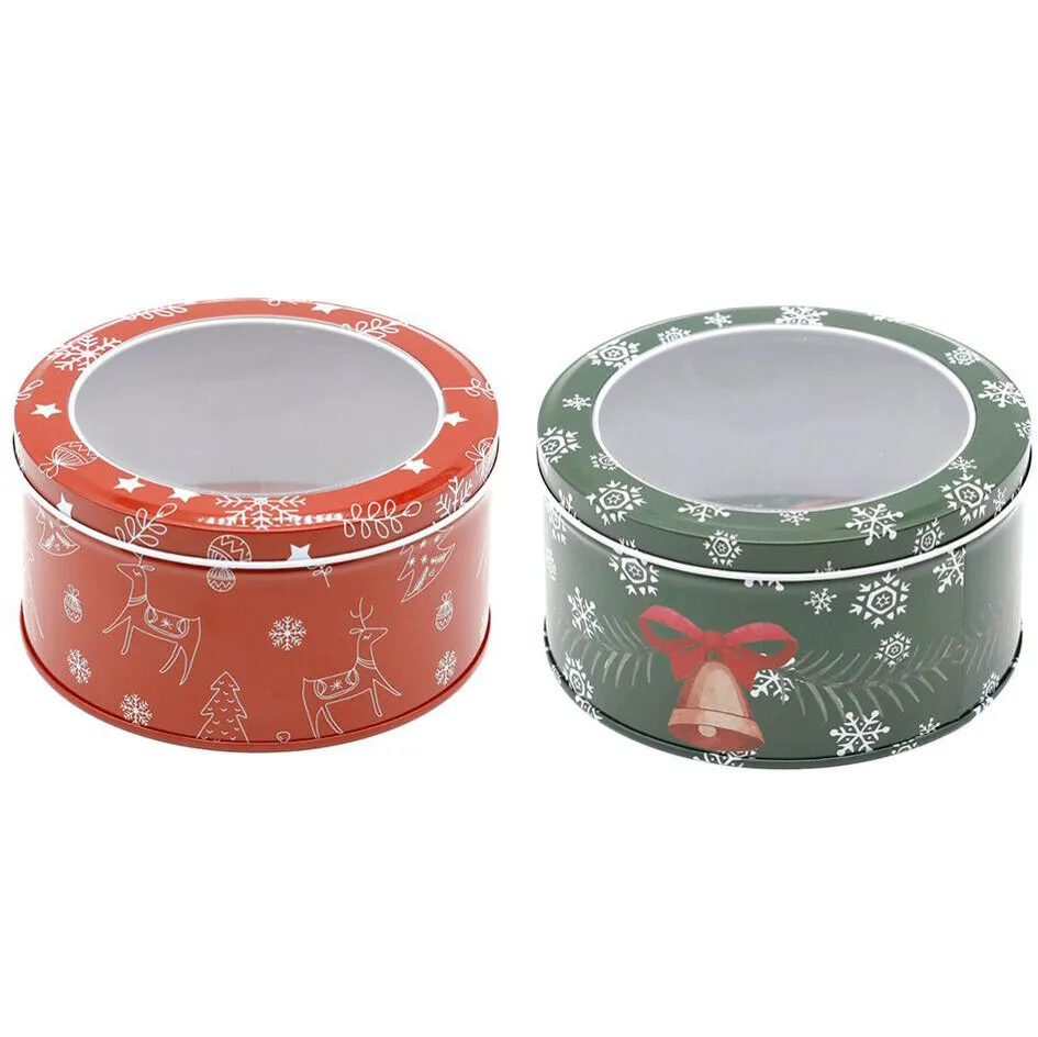 Round Candy Boxes Christmas Tin Gift Can Candy Holders Box Round Baking and Cake Tins With Pvc Window
