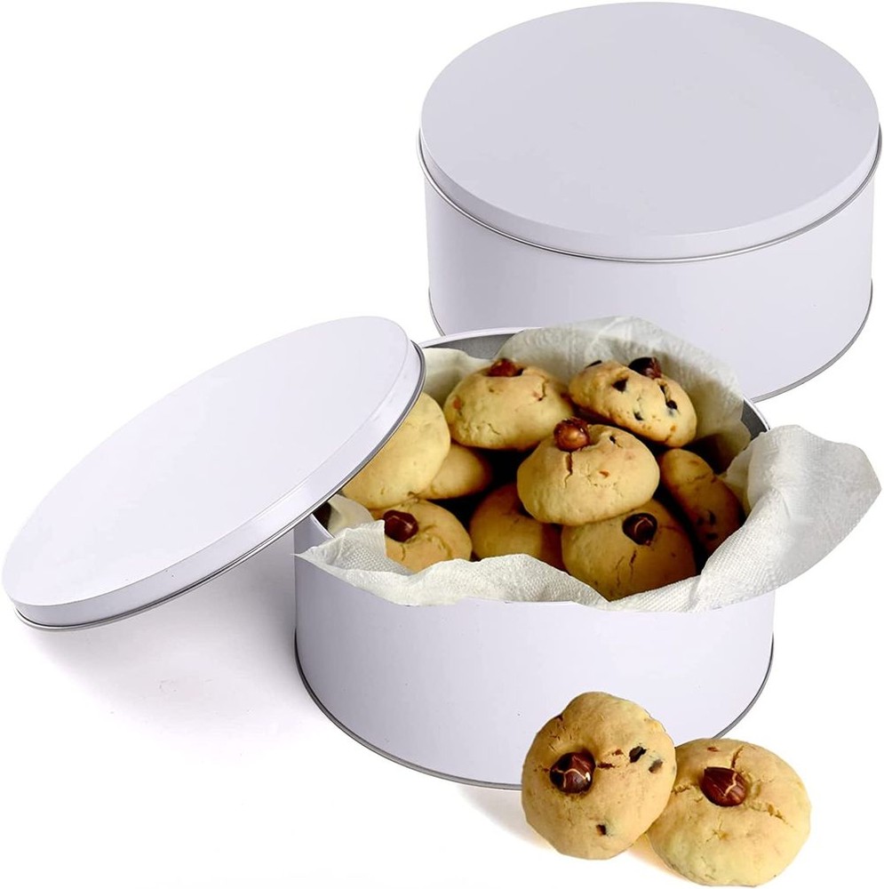 Round Round  Cookie Tin with Lid Gift Tin Container White Baking Cake Container for Storing Patisseries, Snack, Chocolate, Easter, Special Occasion, Holidays,