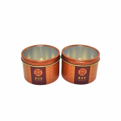 custom round tin cans with plastic window tea package